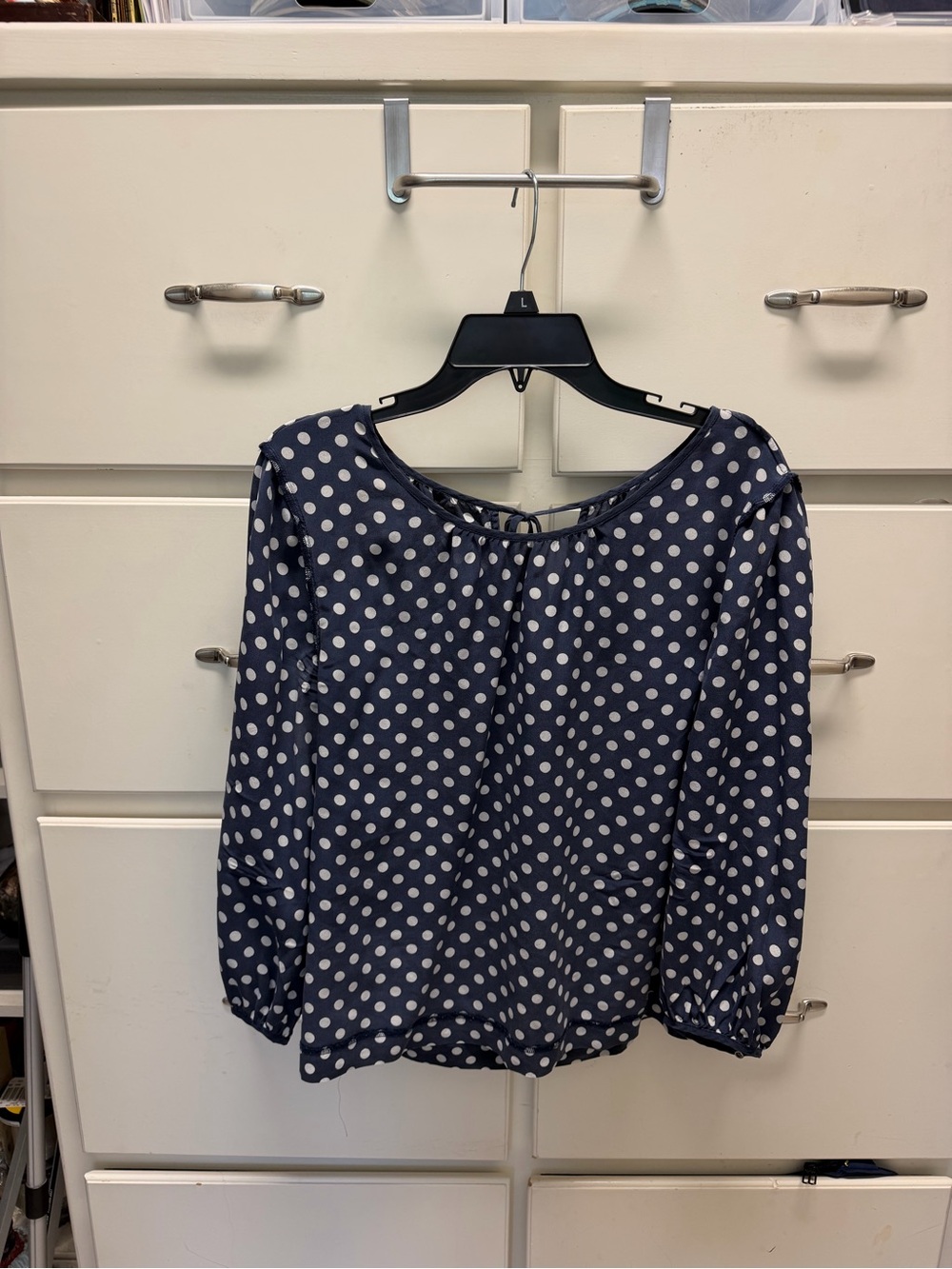 J. Crew Navy and White Polka Dot Long Sleeve Blouse